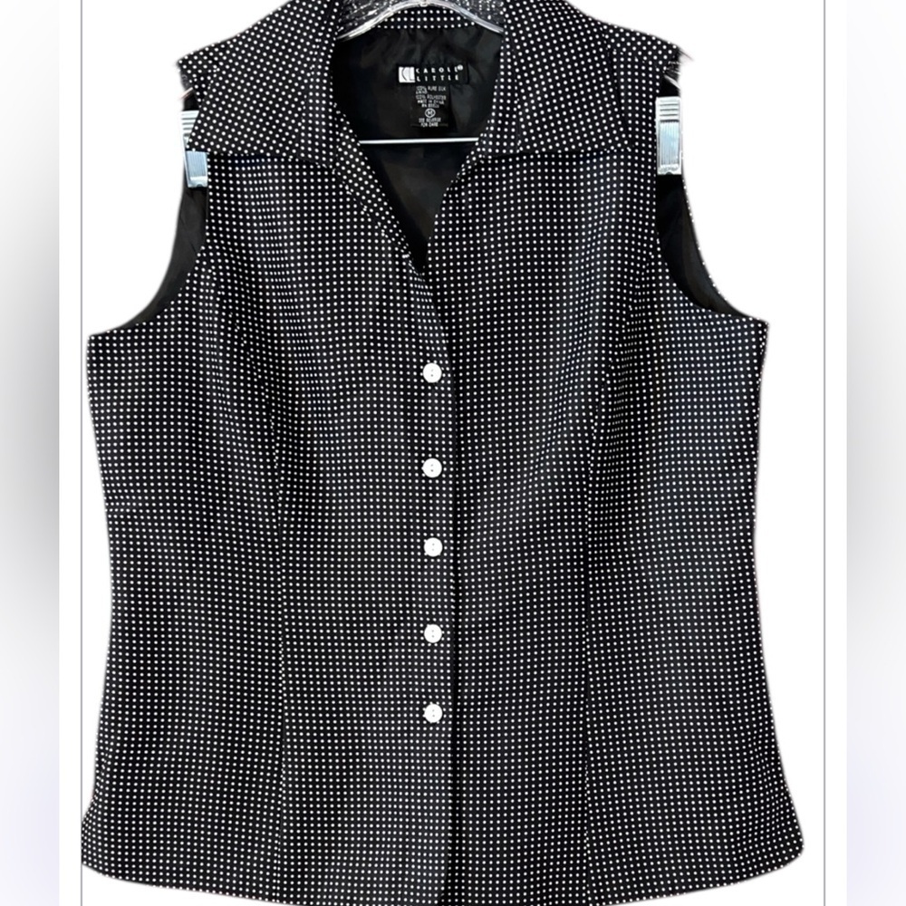 Vintage Silk Carole Little Black and White Polka Dot Sleeveless Blouse M